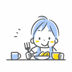 楽しく食事をする子供　女の子　シンプルでお洒落な線画イラスト