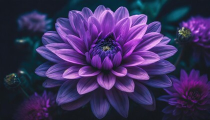 A close-up view of a vibrant purple flower standing out against a lush purple background, creating a visually striking contrast 