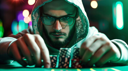 Man in Hoodie and Glasses Playing Poker