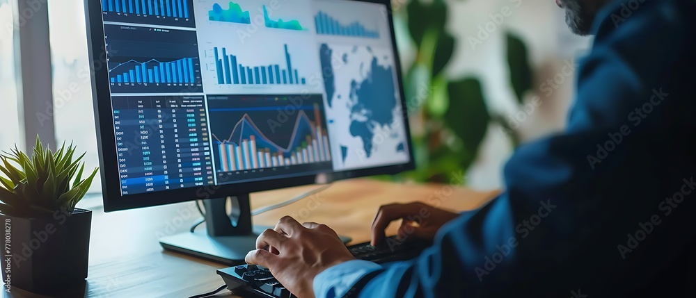 Aufkleber hr manager analyzing global labor trends on computer