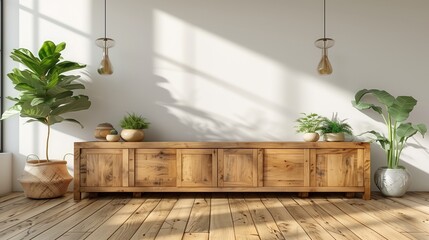 Sunny Interior with Wooden Cabinet and Lush Houseplants