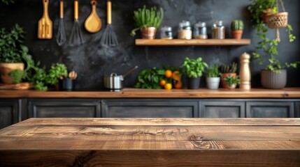 Rustic Kitchen Interior with Herbs and Wooden Utensils