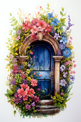 Fototapeta na wymiar Blossoming Portal: Floral Arch Over Vintage Door.An inviting vintage door surrounded by a lush floral arch, creating a portal into a world of enchantment and natural beauty.