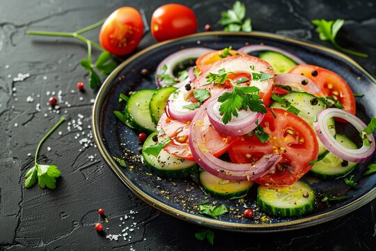 a plate of salad with tomatoes and cucumbers