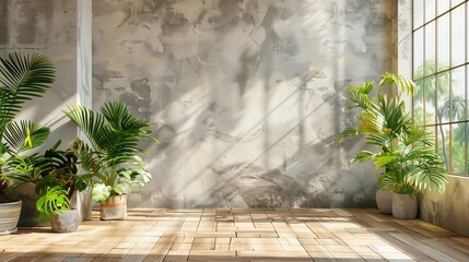 Urban Jungle Corner with Sunlight and Concrete Wall