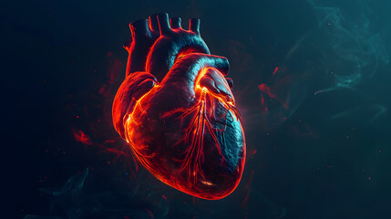 Realistic heart with glowing red veins and dark blue background