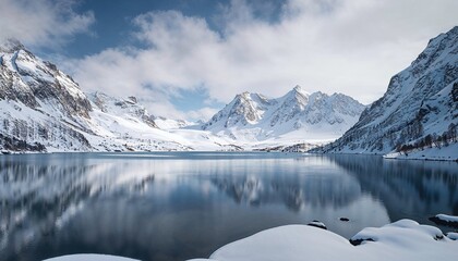 Beautifully Calm Lake, Reflecting Majestic Snowy Mountains. Winter Background.