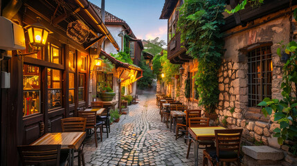 An old tavern on an old narrow paved street in a lovely old town in the evening - obrazy, fototapety, plakaty