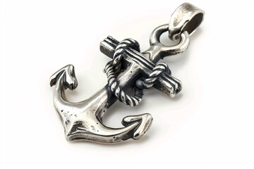 a silver anchor pendant with rope