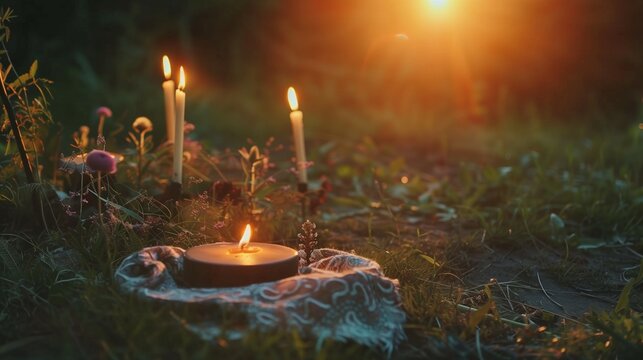 summer solstice ritual candles burning in the summer meadow at sunrise. 