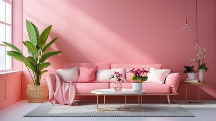 Soft Pink Living Room with Delicate Plant Accents