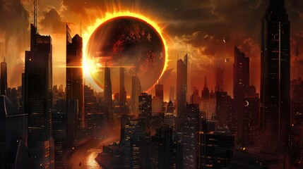 Futuristic landscape of solar eclipse over the city, Solar Eclipse 2024, April 8
