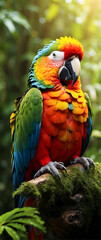 for advertisement and banner as Rainforest Rhapsody A colorful parrot perches in the rainforest a rhapsody of colors and sounds. in Pet Behavior theme ,Full depth of field, high quality ,include copy 
