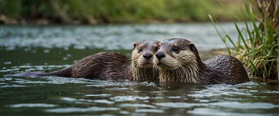 for advertisement and banner as River Rendezvous Otters by the riverbank showcasing the social and playful side of riverine animals. in Pet Behavior theme ,Full depth of field, high quality ,include c