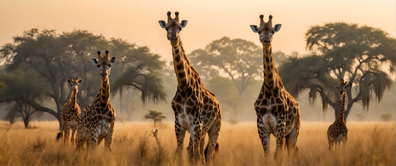 for advertisement and banner as Savannah Symphony Giraffes graze in the savannah a harmony of life and landscape. in Pet Behavior theme ,Full depth of field, high quality ,include copy space on left, 