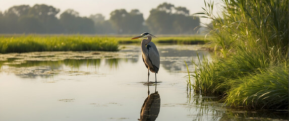 for advertisement and banner as Wetland Whispers A heron fishes in the wetlands reflecting the quiet whispers of nature. in Pet Behavior theme ,Full depth of field, high quality ,include copy space on