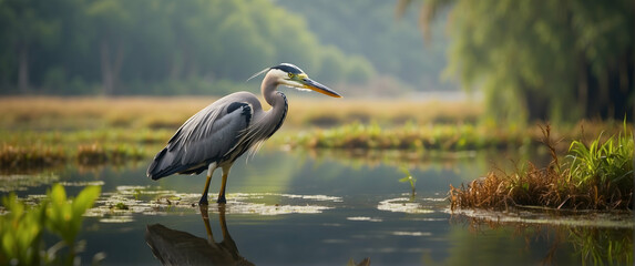 for advertisement and banner as Wetland Wonders A heron wading in wetlands reflecting the tranquility and diversity of wet habitats. in Pet Behavior theme ,Full depth of field, high quality ,include c - obrazy, fototapety, plakaty