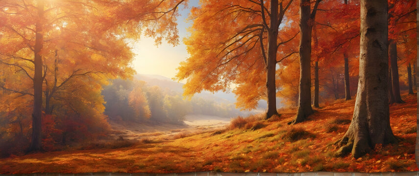 Photo real as Autumn Tapestry A forest adorned with autumn foliage a tapestry of warm hues. in nature and landscapes theme ,for advertisement and banner ,Full depth of field, high quality ,include cop