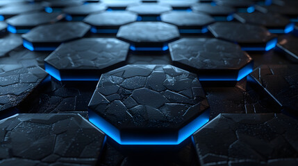 3d render of dark hexagons with blue light on the edges