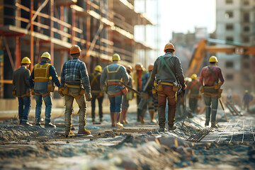 Builders labor on bustling construction site, embodying industriousness, teamwork, and progress in urban development - obrazy, fototapety, plakaty