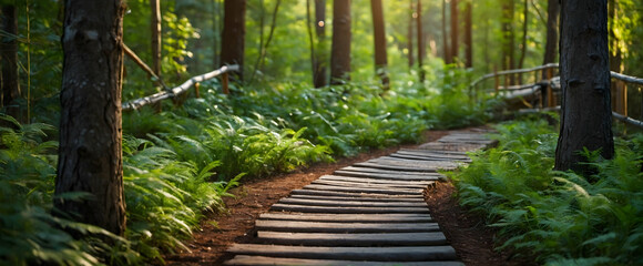 Photo real as Forest Pathway A forest trail winds through the heart of nature playground. in nature and landscapes theme ,for advertisement and banner ,Full depth of field, high quality ,include copy 