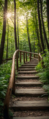 Photo real as Forest Pathway A forest trail winds through the heart of nature playground. in nature and landscapes theme ,for advertisement and banner ,Full depth of field, high quality ,include copy 