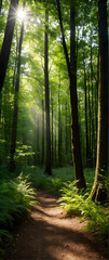 Photo real as Forest Whispers A secluded forest trail dappled with sunlight. in nature and landscapes theme ,for advertisement and banner ,Full depth of field, high quality ,include copy space on left
