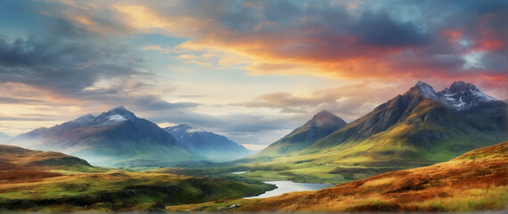 Photo real as Highland Harmony A harmonious blend of watercolor highland terrains. in nature and landscapes theme ,for advertisement and banner ,Full depth of field, high quality ,include copy space o