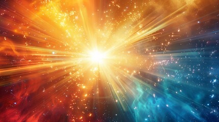 Radiant beams of light bursting from a central point and radiating outward in all directions,  creating a mesmerizing display of color and energy - obrazy, fototapety, plakaty