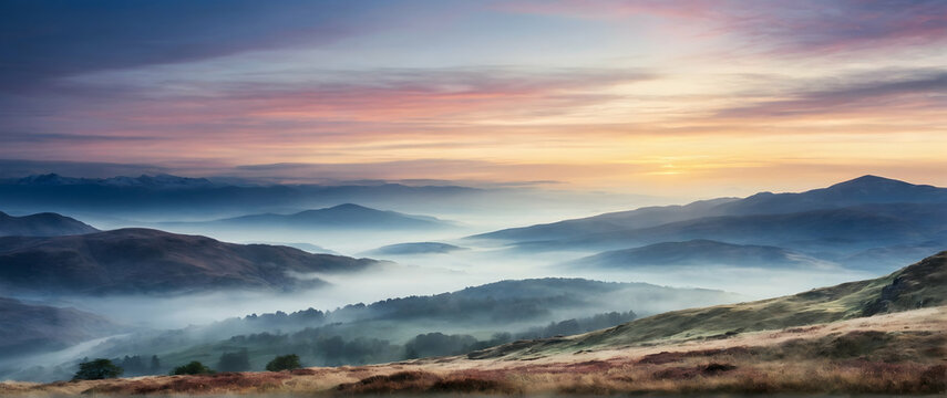 Photo real as Highland Hues A watercolor dawn breaking over misty highlands. in nature and landscapes theme ,for advertisement and banner ,Full depth of field, high quality ,include copy space on left