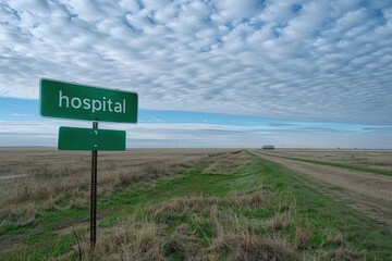 The word hospital is displayed on a green street sign that is situated in an open field beneath an overcast sky. There is an endless stretch of flat land in the background.