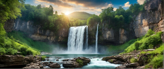 Photo real as Majestic Falls Witness the grandeur of a waterfall panorama in a lush setting. in nature and landscapes theme ,for advertisement and banner ,Full depth of field, high quality ,include co - obrazy, fototapety, plakaty