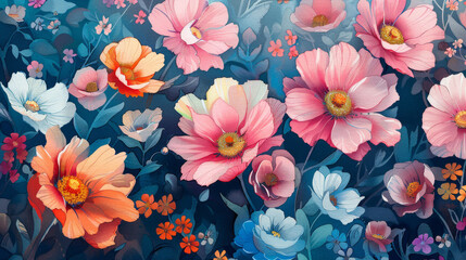 Close-up of vibrant, hand-drawn flowers, watercolor in pastel shades, capturing natures quiet beauty