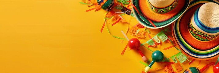 a party background shows a Mexican fiesta theme with maracas and sombrero hats on a yellow banner. - obrazy, fototapety, plakaty