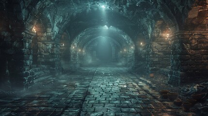 A dark, narrow tunnel with a light shining down on it. The tunnel is filled with stone walls and has a creepy, eerie atmosphere