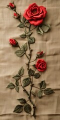 Roses are embroidered on cotton and linen in a traditional handmade style