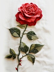 Roses are embroidered on cotton and linen in a traditional handmade style