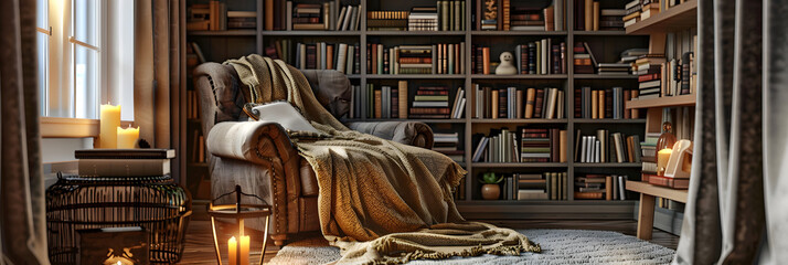Modern bookshelf collection adds elegance to comfortable living room decor, Inviting reading corner featuring a plush chair, warm blanket, and a lamp for a cozy ambiance. - obrazy, fototapety, plakaty