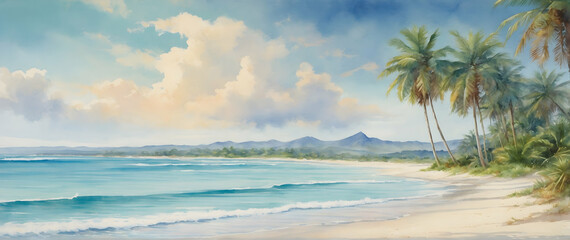 Photo real as Tropical Serenade A secluded beach with soft sands and a gentle surf in watercolor. in nature and landscapes theme ,for advertisement and banner ,Full depth of field, high quality ,inclu