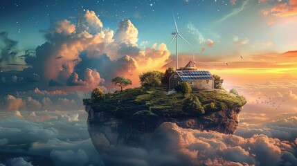 There is an island in a beautiful sky which looks very beautiful, a windmill is running on it, and renewable energy and solar panels are being produced there, .sky island, a fantasy sky-flying island,