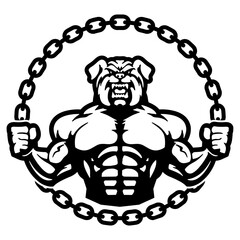 strong bodybuilder bulldog with chain, vector, logo, cartoon, illustration, mascot, character