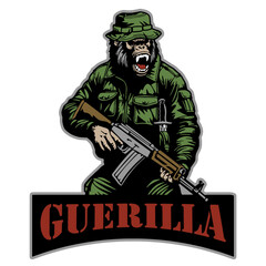 angry gorilla guerrilla in military uniform and with Kalashnikov assault rifle, vector, logo, cartoon, illustration, mascot, character