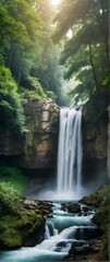 Naklejka na ściany i meble Photo real as Waterfall Wonders A panoramic view of a majestic waterfall in a lush forest. in nature and landscapes theme ,for advertisement and banner ,Full depth of field, high quality ,include copy