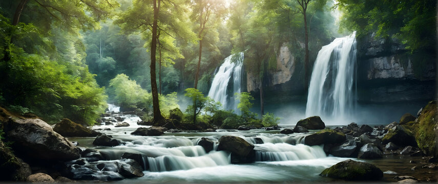 Photo real as Waterfall Wonders A panoramic view of a majestic waterfall in a lush forest. in nature and landscapes theme ,for advertisement and banner ,Full depth of field, high quality ,include copy