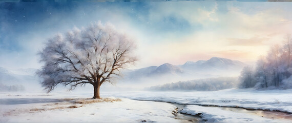 Photo real as Winter Whisper A silent snowfall over a tranquil watercolor winter scene. in nature and landscapes theme ,for advertisement and banner ,Full depth of field, high quality ,include copy sp