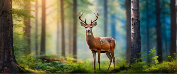 Photo real as Woodland Wonder An enchanting forest filled with watercolor wildlife. in nature and landscapes theme ,for advertisement and banner ,Full depth of field, high quality ,include copy space 