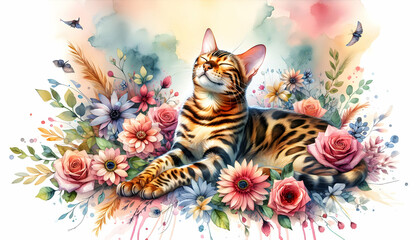 for advertisement and banner as Bengal Bliss A Bengal cat in blissful repose surrounded by watercolor flora. in watercolor pet theme theme ,Full depth of field, high quality ,include copy space on lef - obrazy, fototapety, plakaty