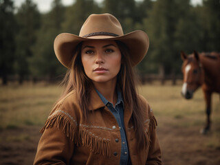 Cowgirl with a horse at a ranch