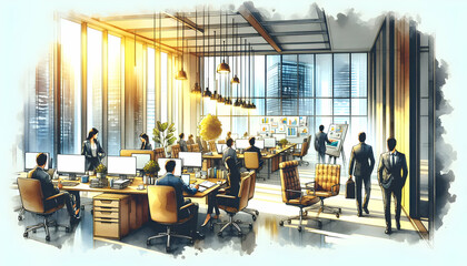 for advertisement and banner as Corporate Canvas A corporate office scene that reflects ambition and drive in watercolor. in watercolor office room theme ,Full depth of field, high quality ,include co