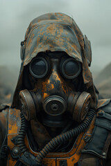surviving male warrior in gas mask in outdoor in post-apocalyptic world of future after apocalypse of nuclear war